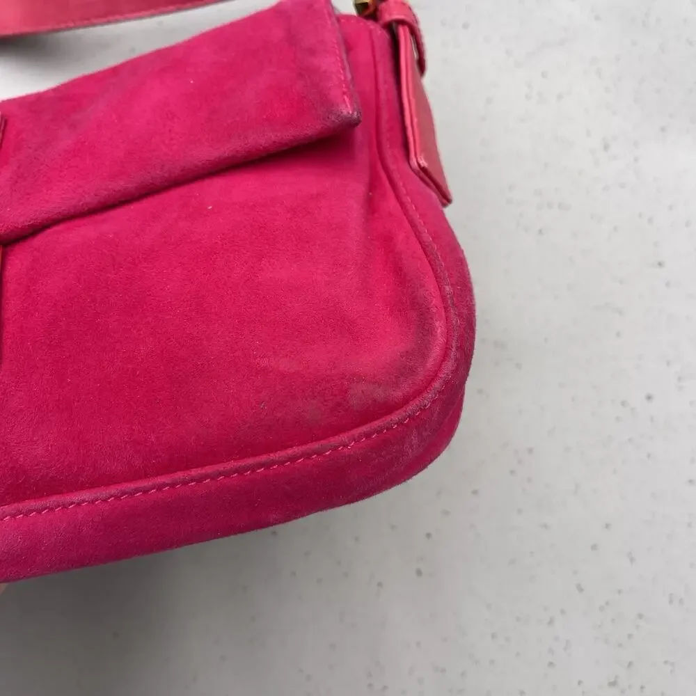 FENDI Mamma Baguette Pink Suede Gold Glitter Flap Shoulder Bag Purse - Picture 4 of 16